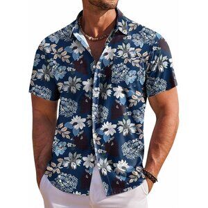Men's Blue Hawaiian Shirt Short Sleeve Button Down Shirts Tropical Beach Shirt